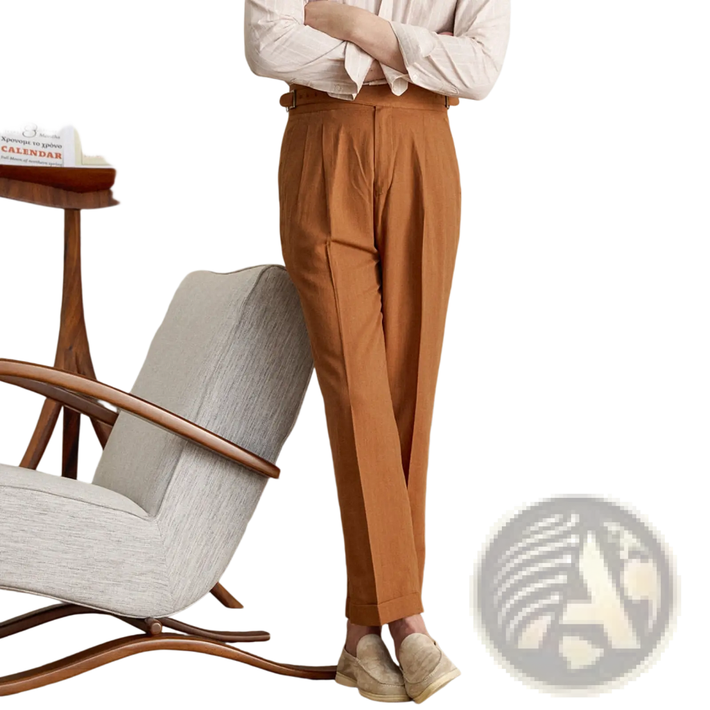 Cropped high waist straight leg pleated trousers in tan cotton linen with a tailored fit