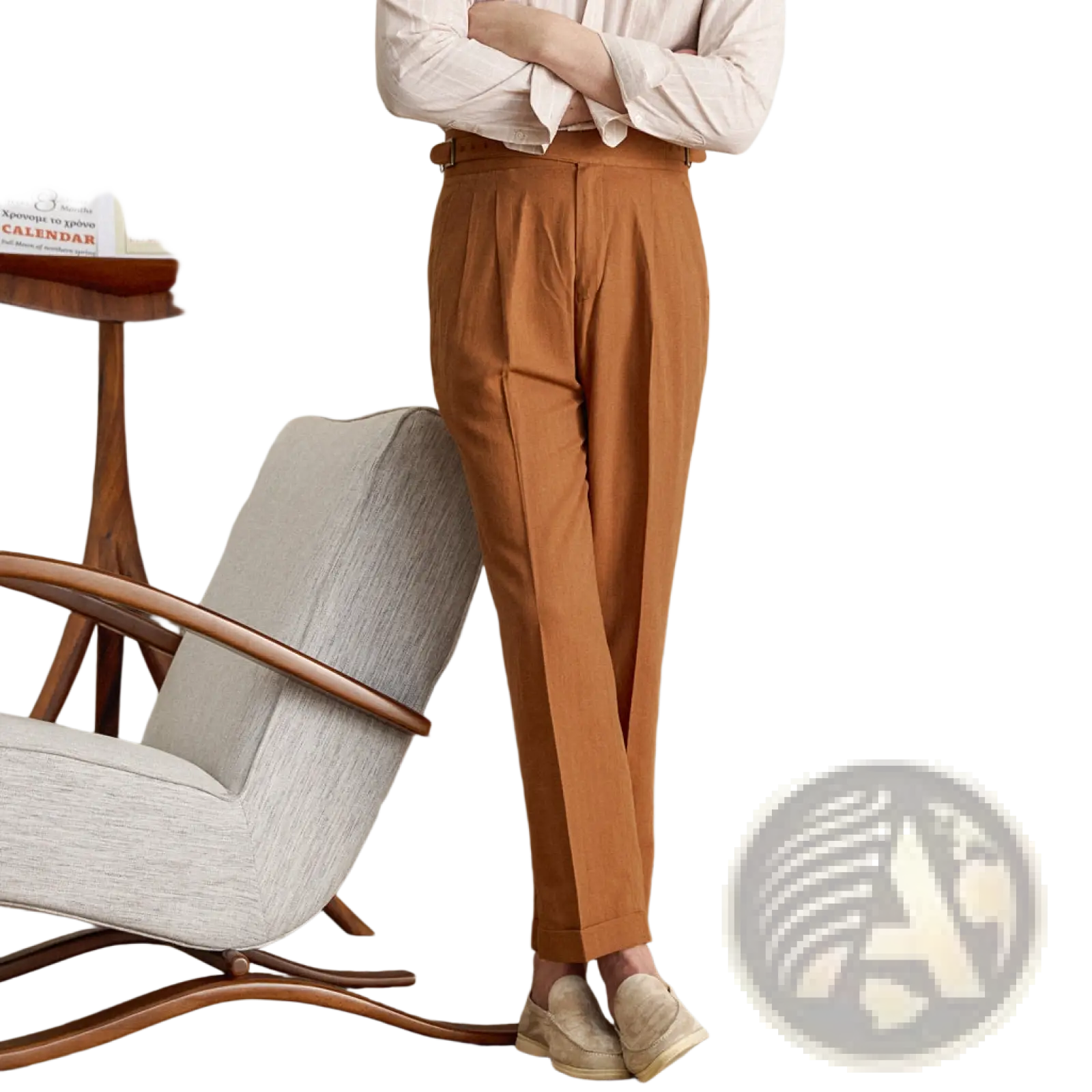 Cropped high waist straight leg pleated trousers in tan cotton linen with a tailored fit