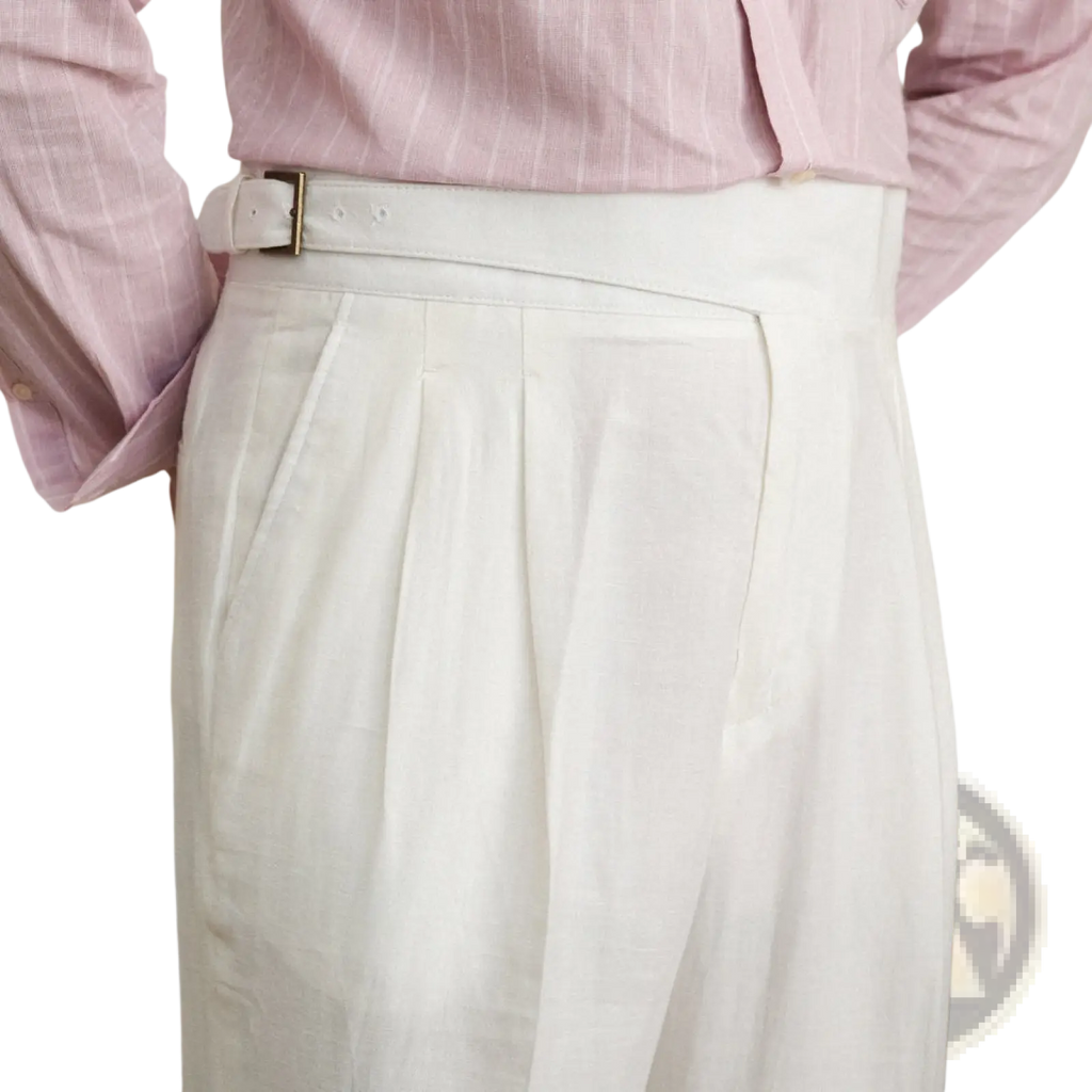 White high waist cotton linen straight leg trousers with pleats and matching belt in lightweight fabric