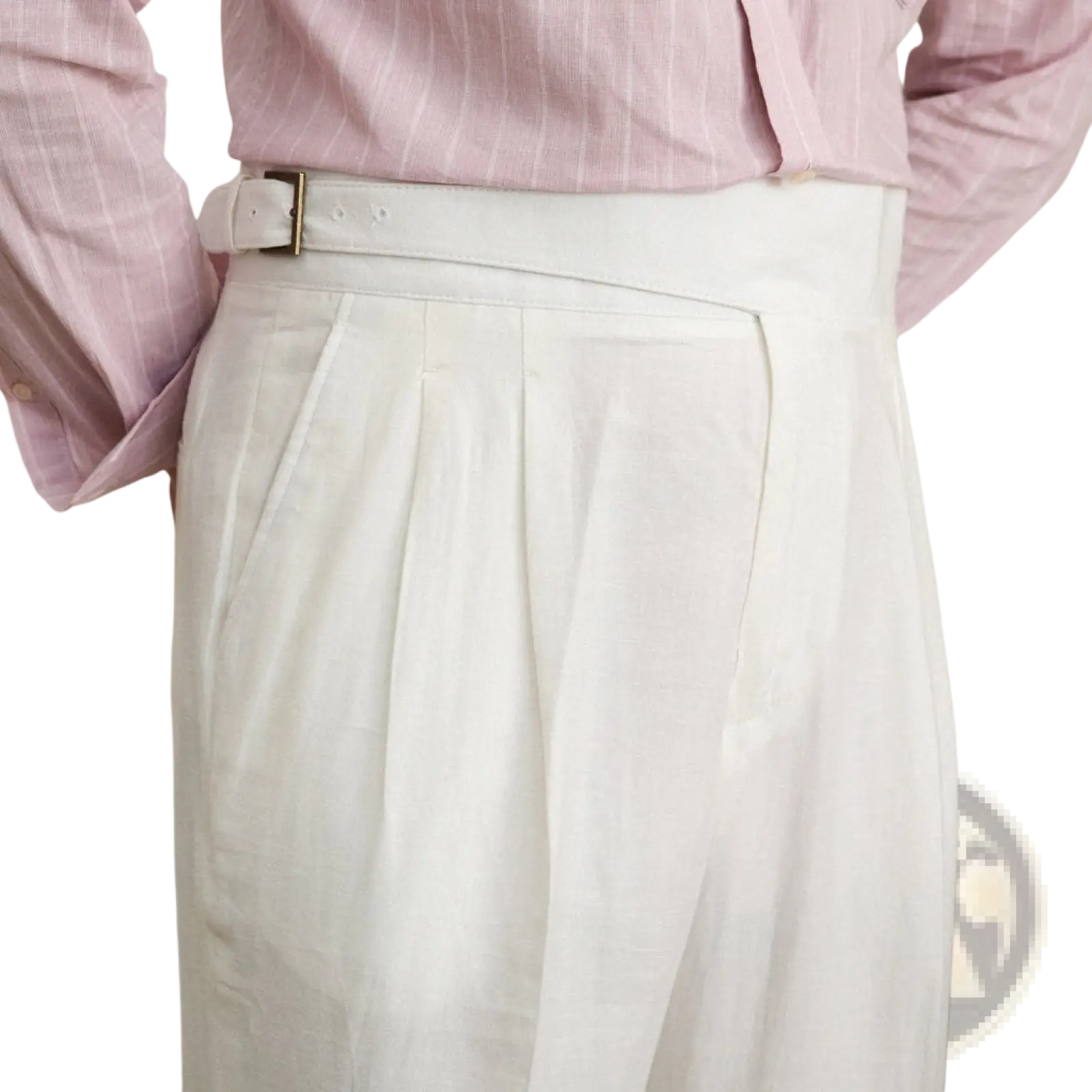 White high waist cotton linen straight leg trousers with pleats and matching belt in lightweight fabric