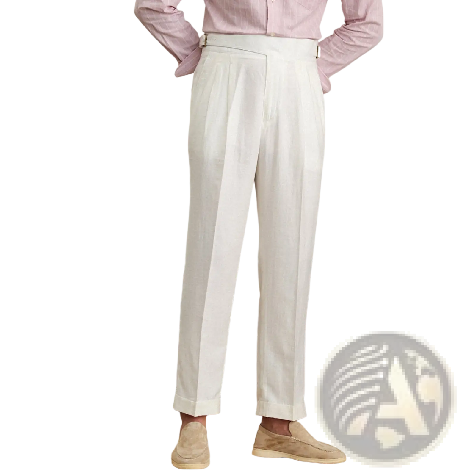 White high waist cotton linen pleated trousers with tailored fit straight leg and rolled cuffs