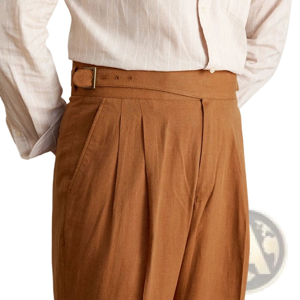 High waist tan cotton linen straight leg trousers with pleats and a belted waist for a polished look