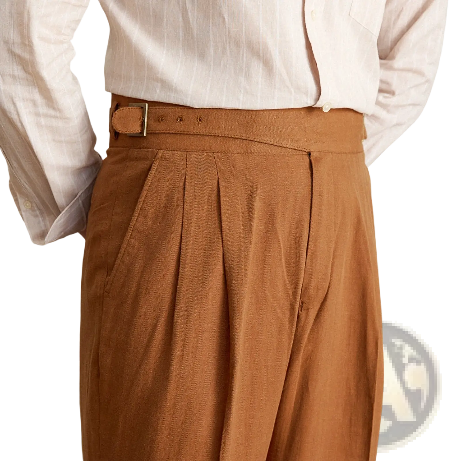 High waist tan cotton linen straight leg trousers with pleats and a belted waist for a polished look