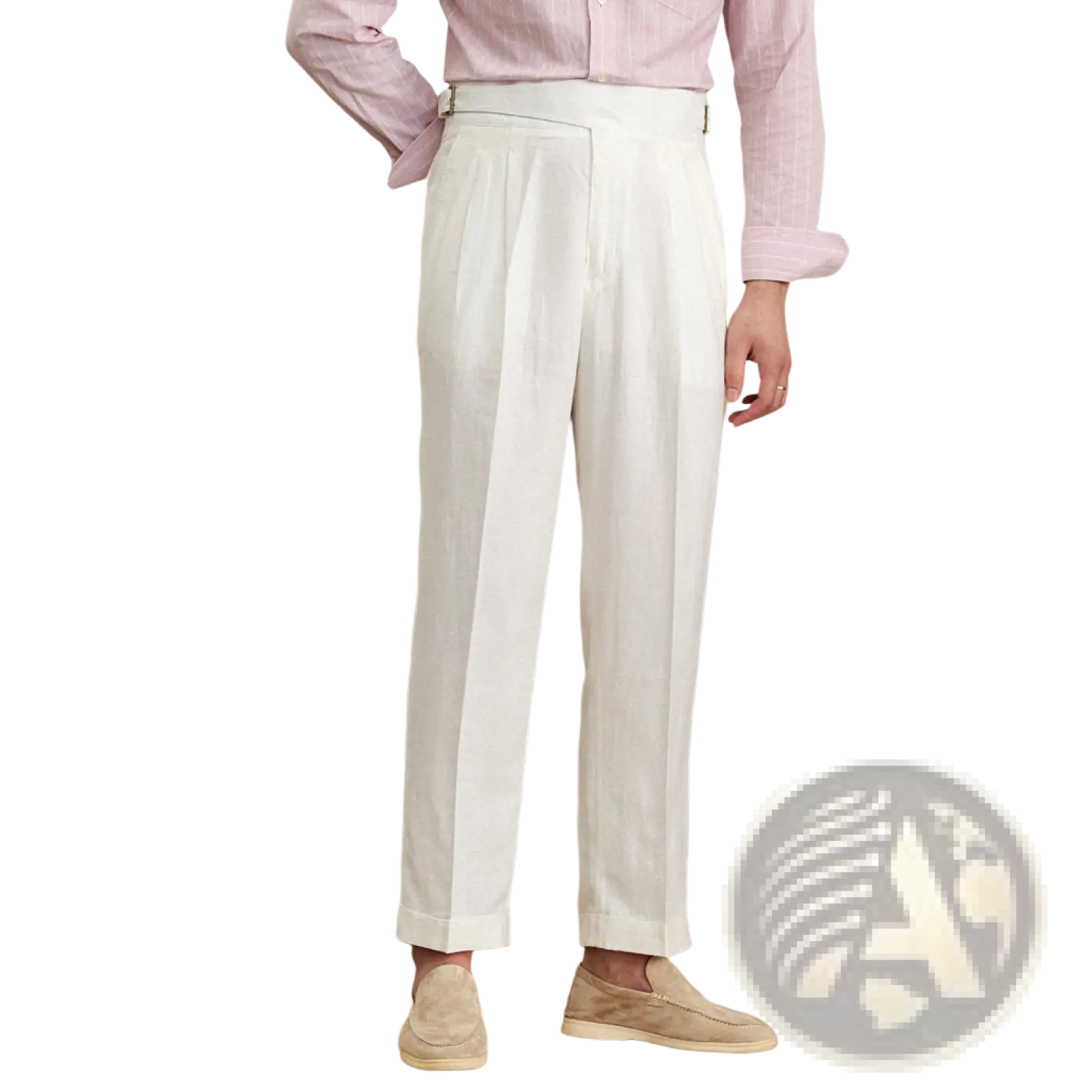 White high waist cotton linen straight leg pleated trousers with tailored fit and subtle texture paired with light pink shirt