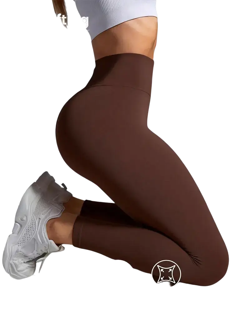 High waist dark gray yoga leggings with brown high-waisted snug fit and breathable four-way stretch fabric