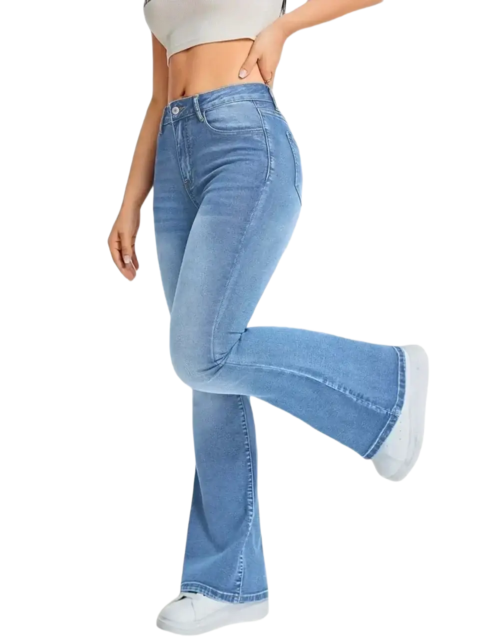 High waist light wash denim flare jeans with classic stitching and a high-rise fit in light-wash denim material