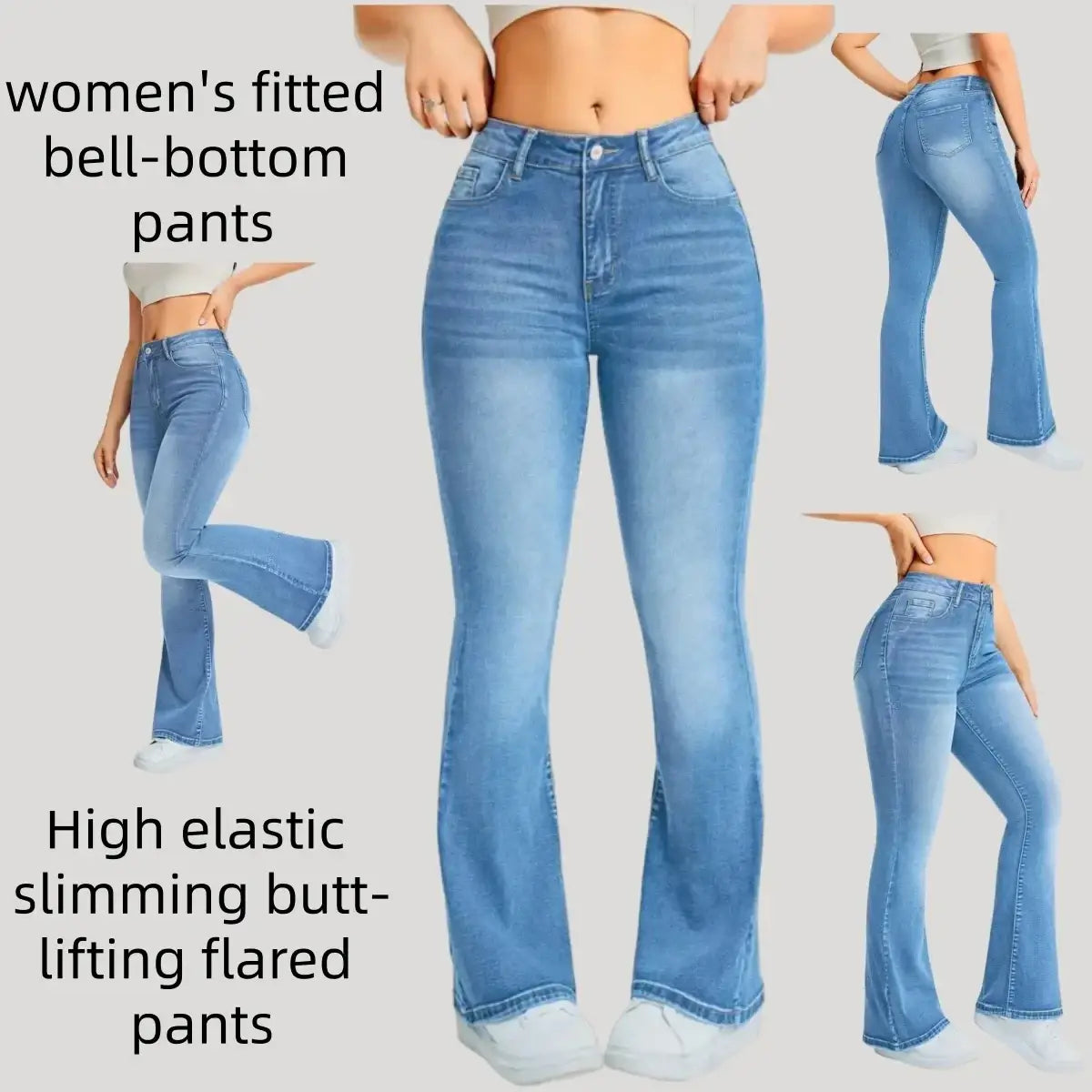 High waist denim flare jeans in light wash with fitted bell-bottom design for women in light-wash blue denim