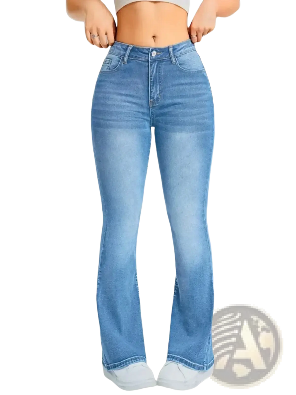 Light-wash blue high waist denim flare jeans with classic stitching in light wash blue denim material