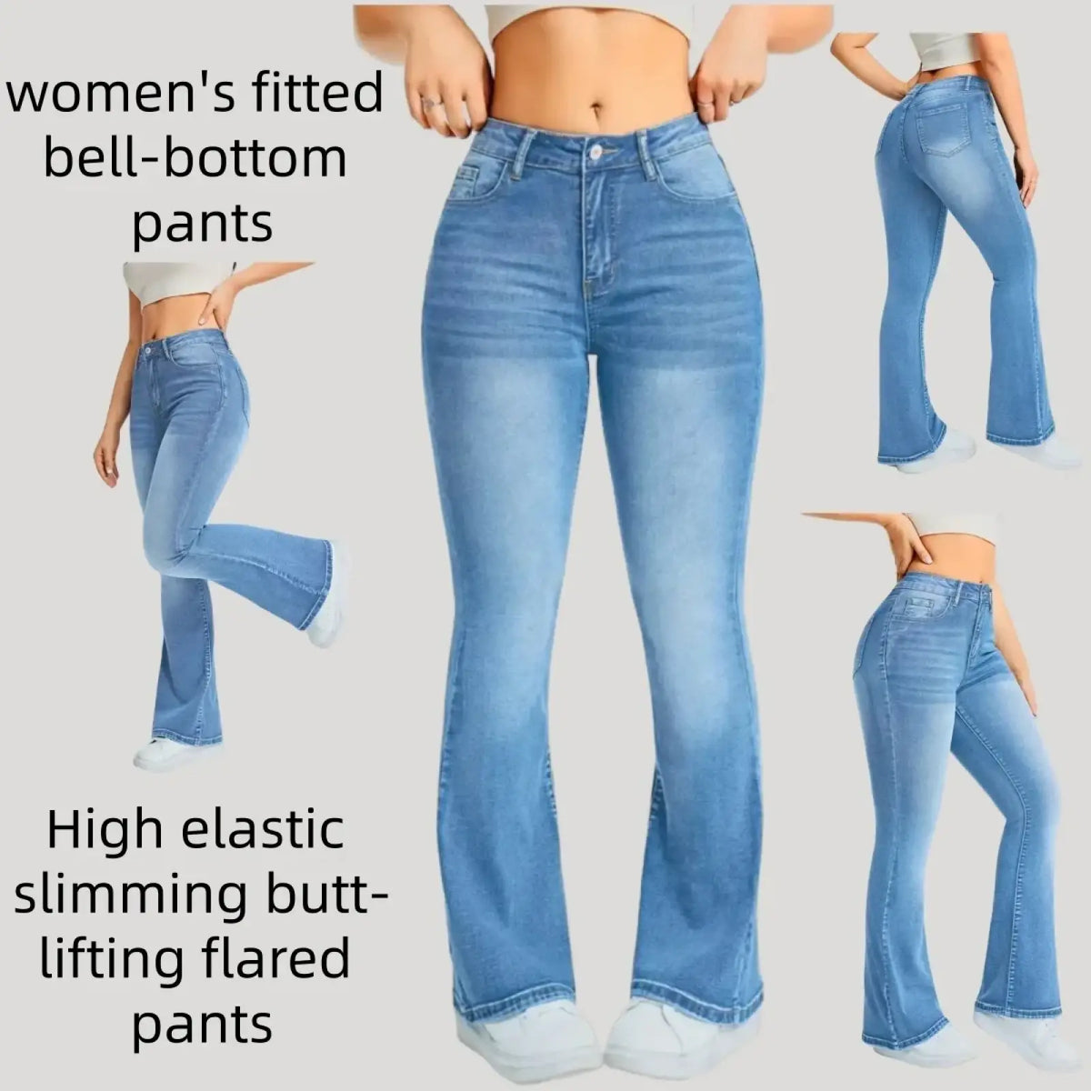 High waist denim flare jeans in light wash with fitted bell-bottom design for women in light-wash blue denim