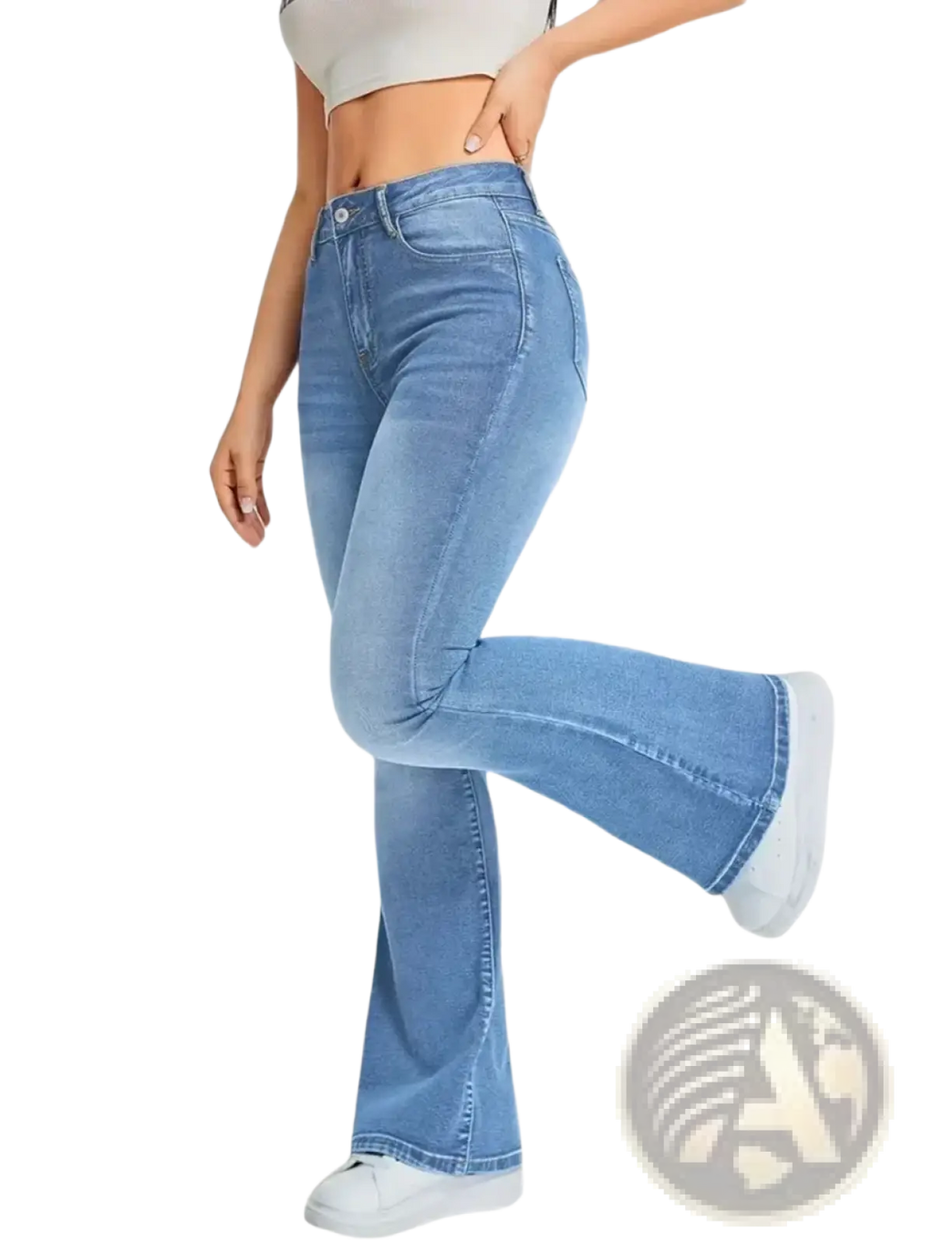 High waist light wash denim flare jeans with classic stitching and a high-rise fit in light-wash denim material