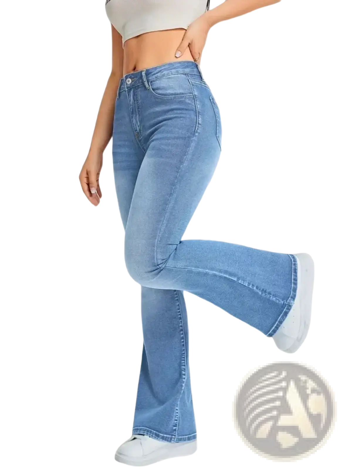 High waist light wash denim flare jeans with classic stitching and a high-rise fit in light-wash denim material