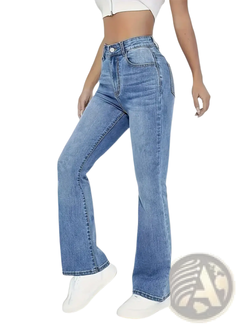 High waist denim flare jeans light wash featuring light blue high-waisted denim with subtle fading and five-pocket design