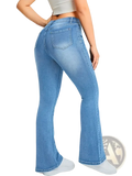 Back view of high waist light wash denim flare jeans with classic back pocket design