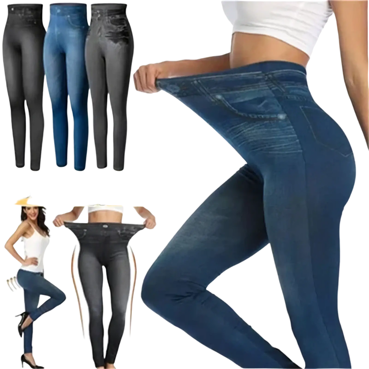 Blue denim high waist leggings with slim fit design and stretchy fabric perfect for comfortable wear