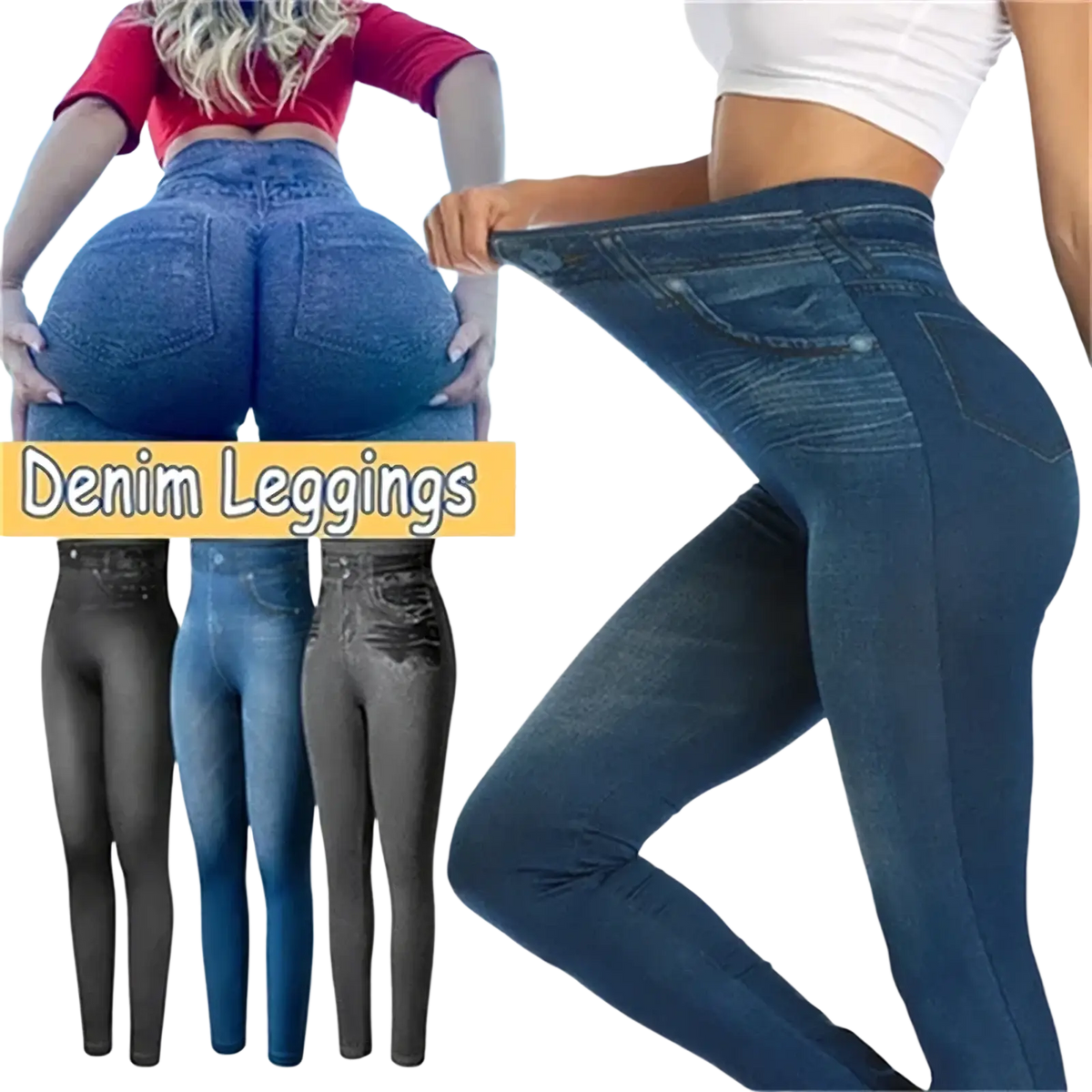 Blue denim leggings with high waist slim fit design and classic jeans-style pockets visible from the back side