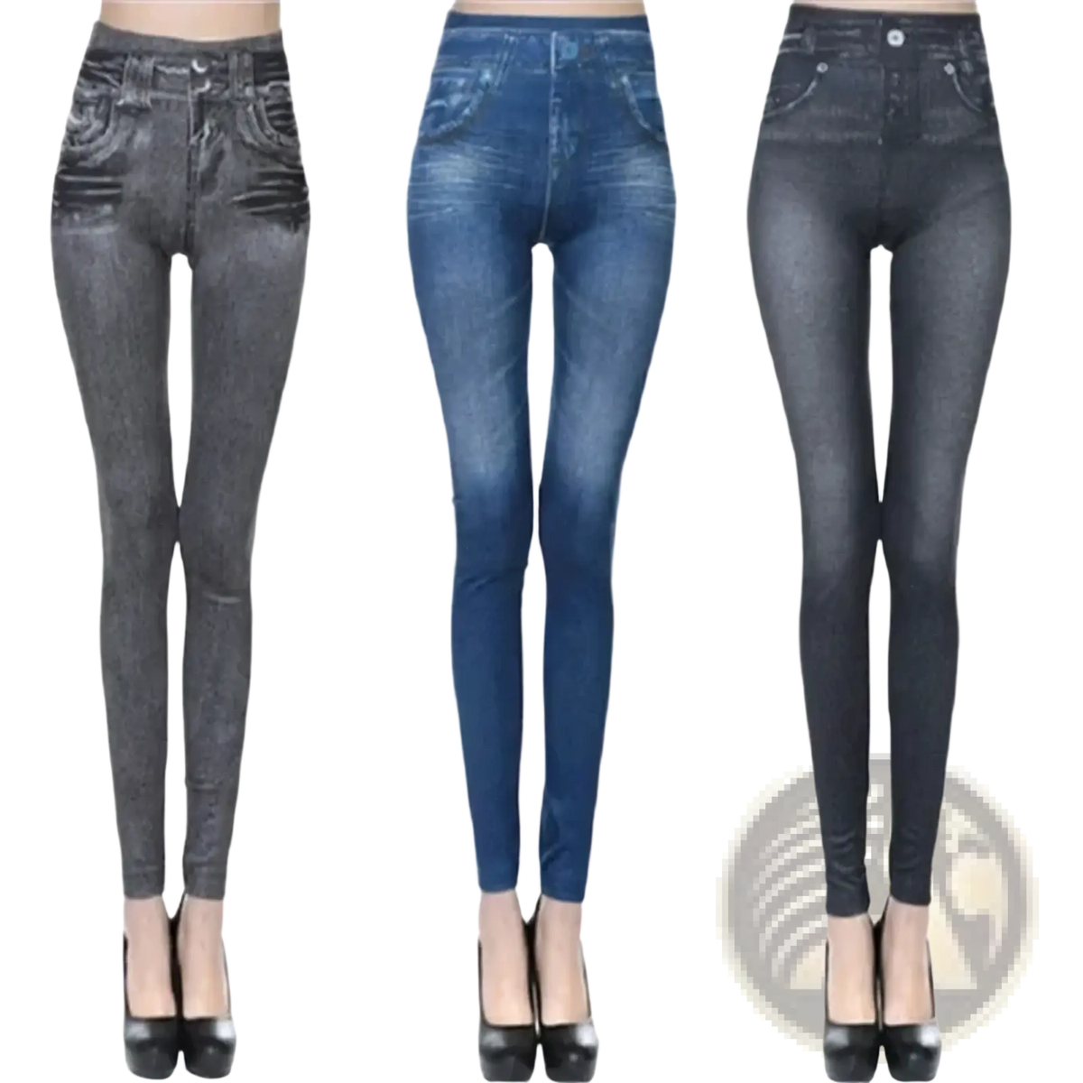 Three pairs of high waist slim fit denim leggings in gray blue and black with stretchy fabric finish