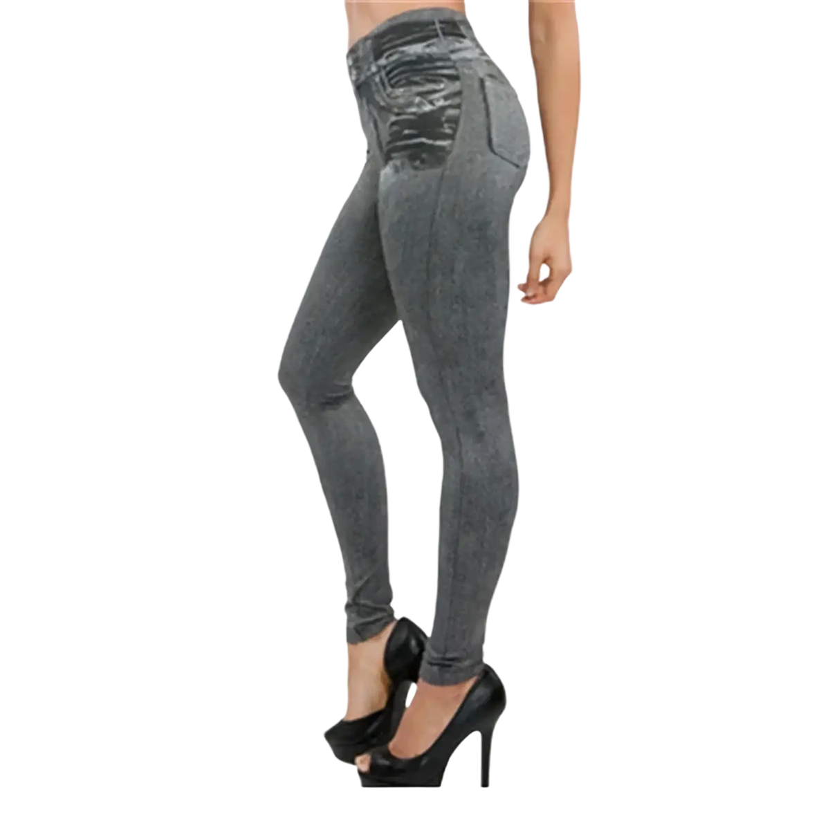 High waist denim leggings slim fit dark gray with subtle distressed texture and decorative stitching on back pocket view