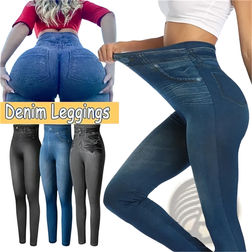 Blue denim leggings with high waist slim fit design and classic jeans-style pockets visible from the back side