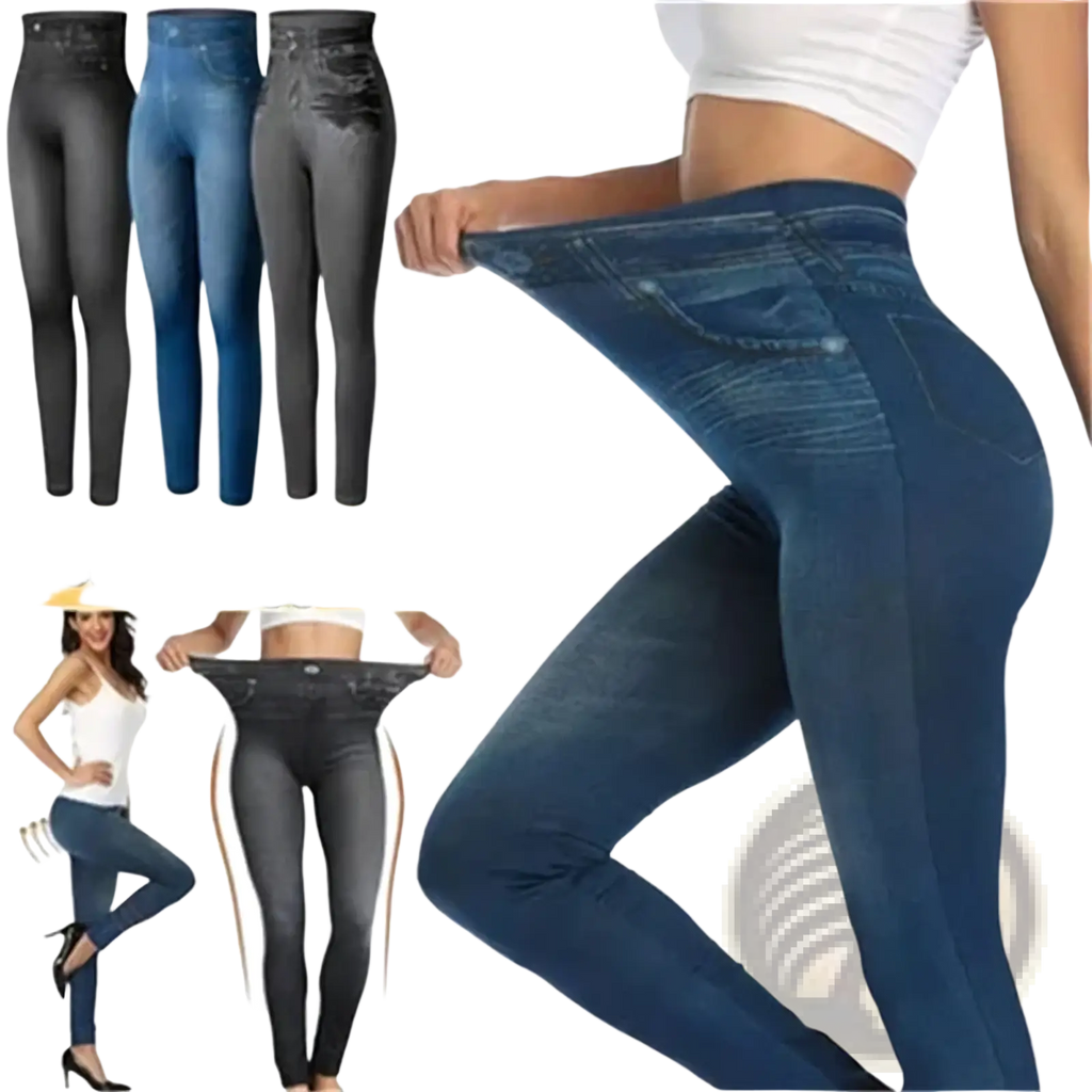 Blue denim high waist leggings with slim fit design and stretchy fabric perfect for comfortable wear