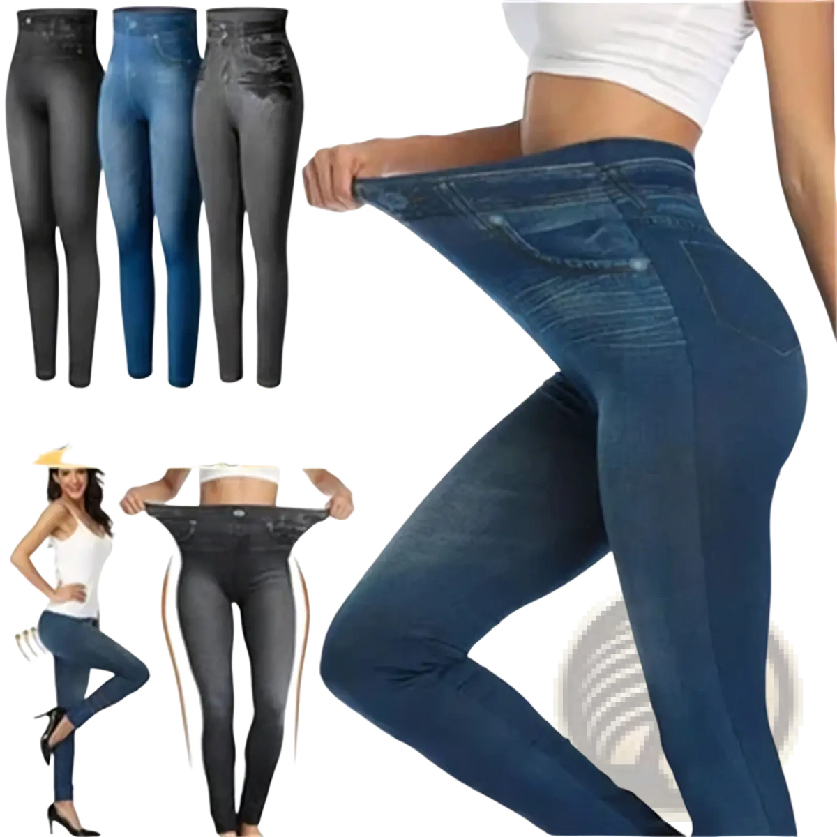 Blue denim high waist leggings with slim fit design and stretchy fabric perfect for comfortable wear