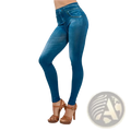 Blue denim high waist leggings with a slim fit and stretchy design perfect for casual wear
