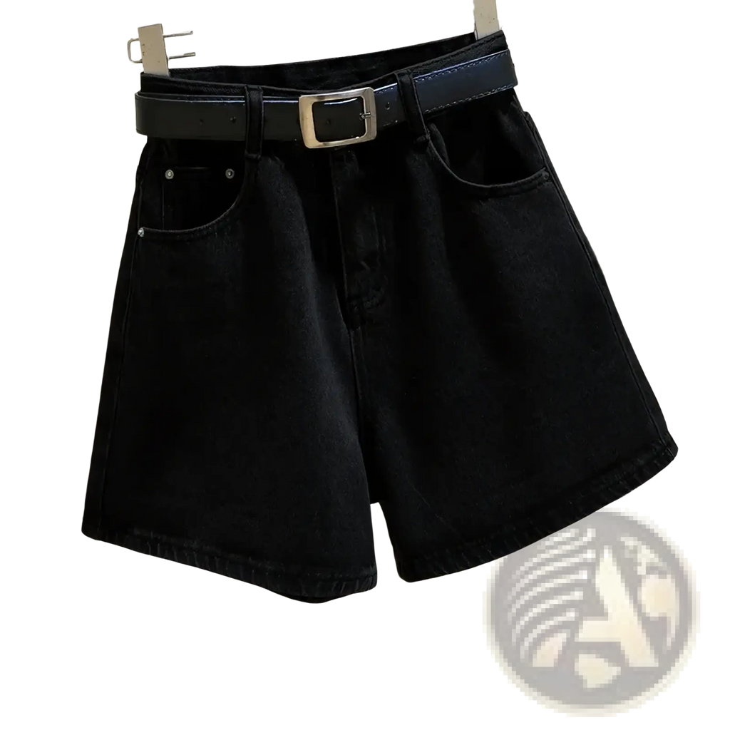 Black high waist denim shorts with matching belt and silver buckle front view from a 3-pack set