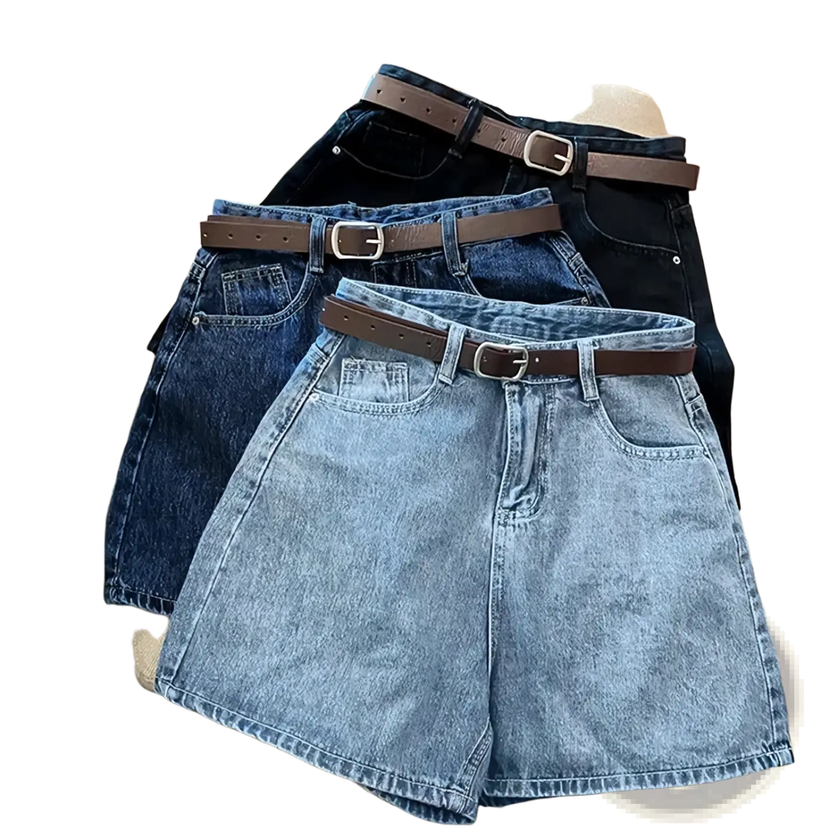 Three pairs of high waist denim shorts in varying blue shades with brown leather belts and silver buckles