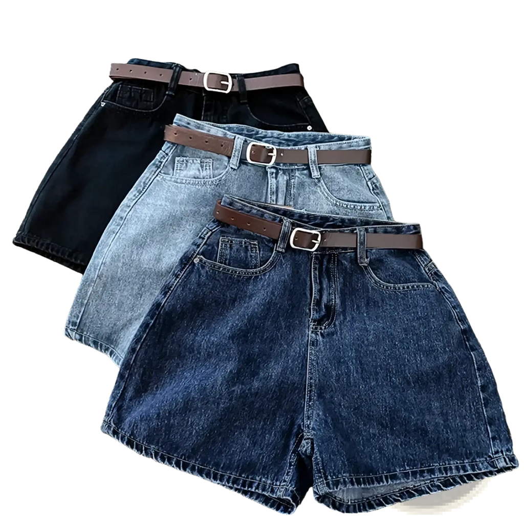 High waist denim shorts 3-pack in black light blue and dark blue with matching brown leather belts and silver buckles