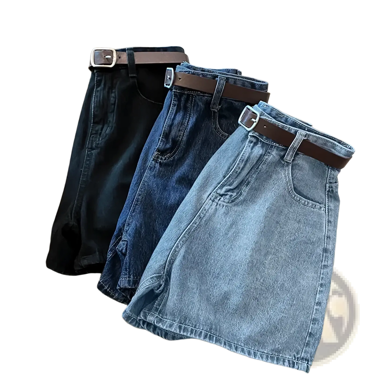 High waist denim shorts 3-pack in black medium blue and light wash with brown belts and silver-toned buckles