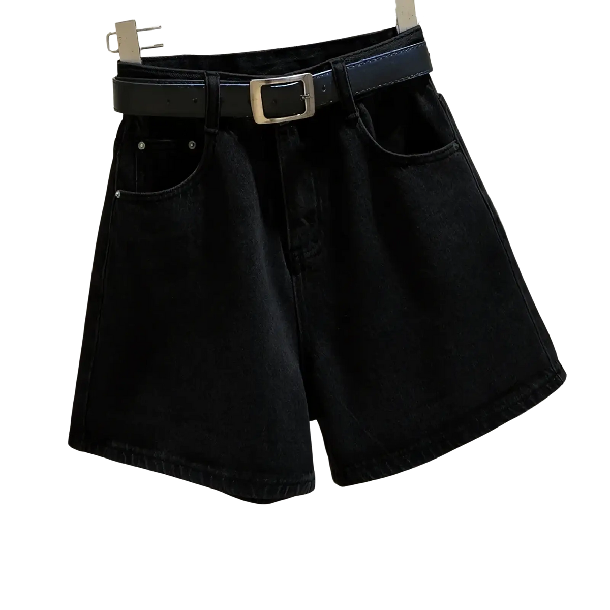 Black high waist denim shorts with matching belt and silver buckle designed for casual wear