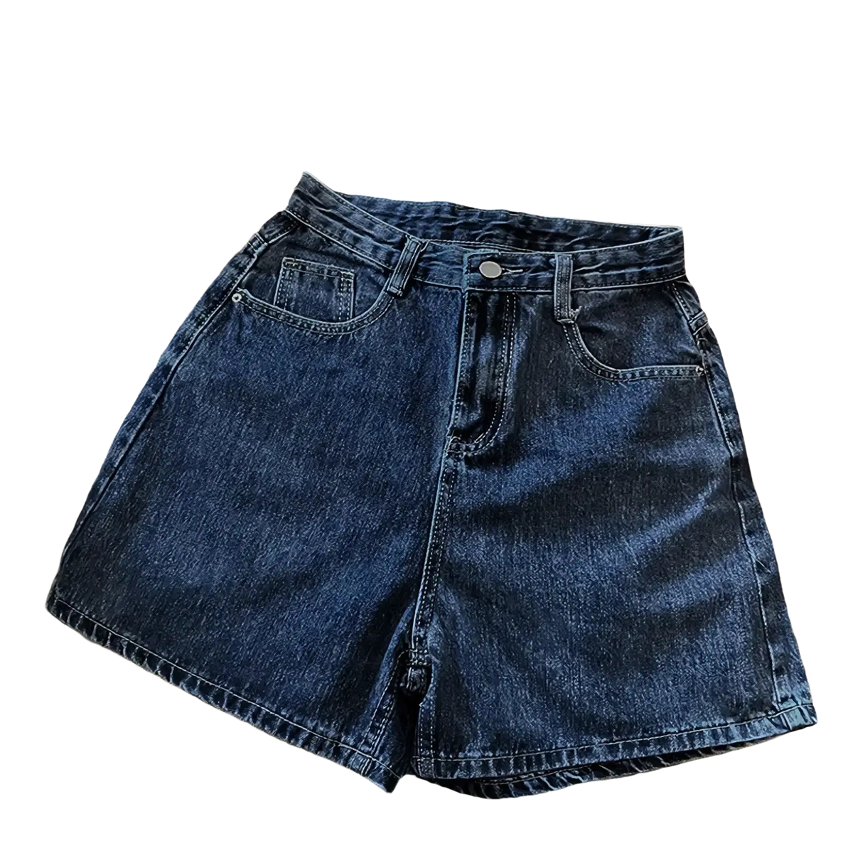 High waist dark blue denim shorts with belt and classic five-pocket design in durable cotton material