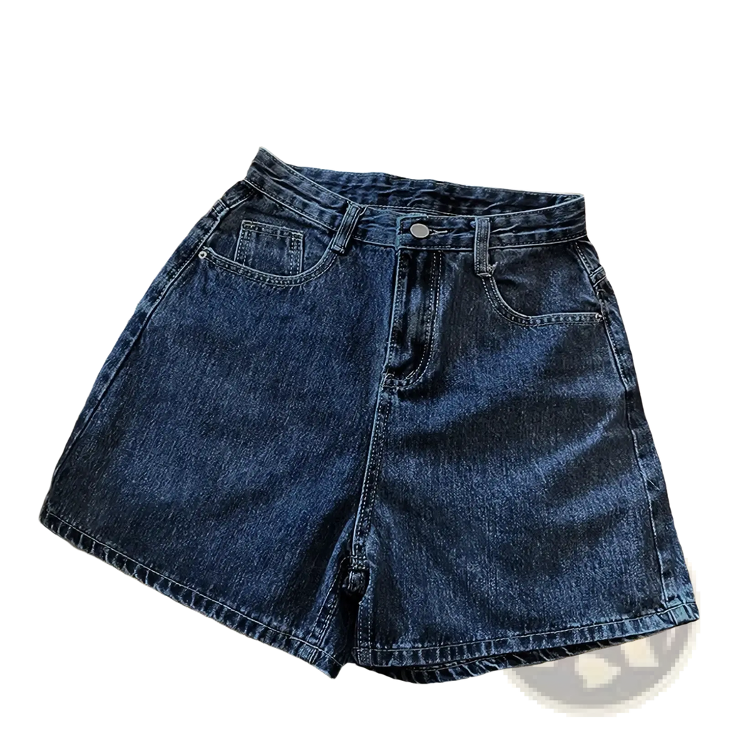 High waist dark blue denim shorts with belt and classic five-pocket design in durable cotton material