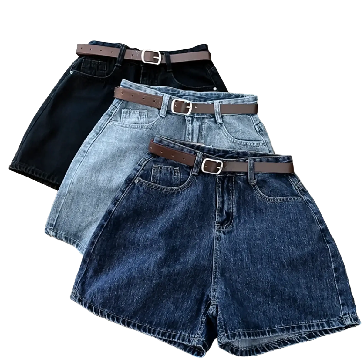 High waist denim shorts in blue and black with brown leather belts and silver buckles for casual wear