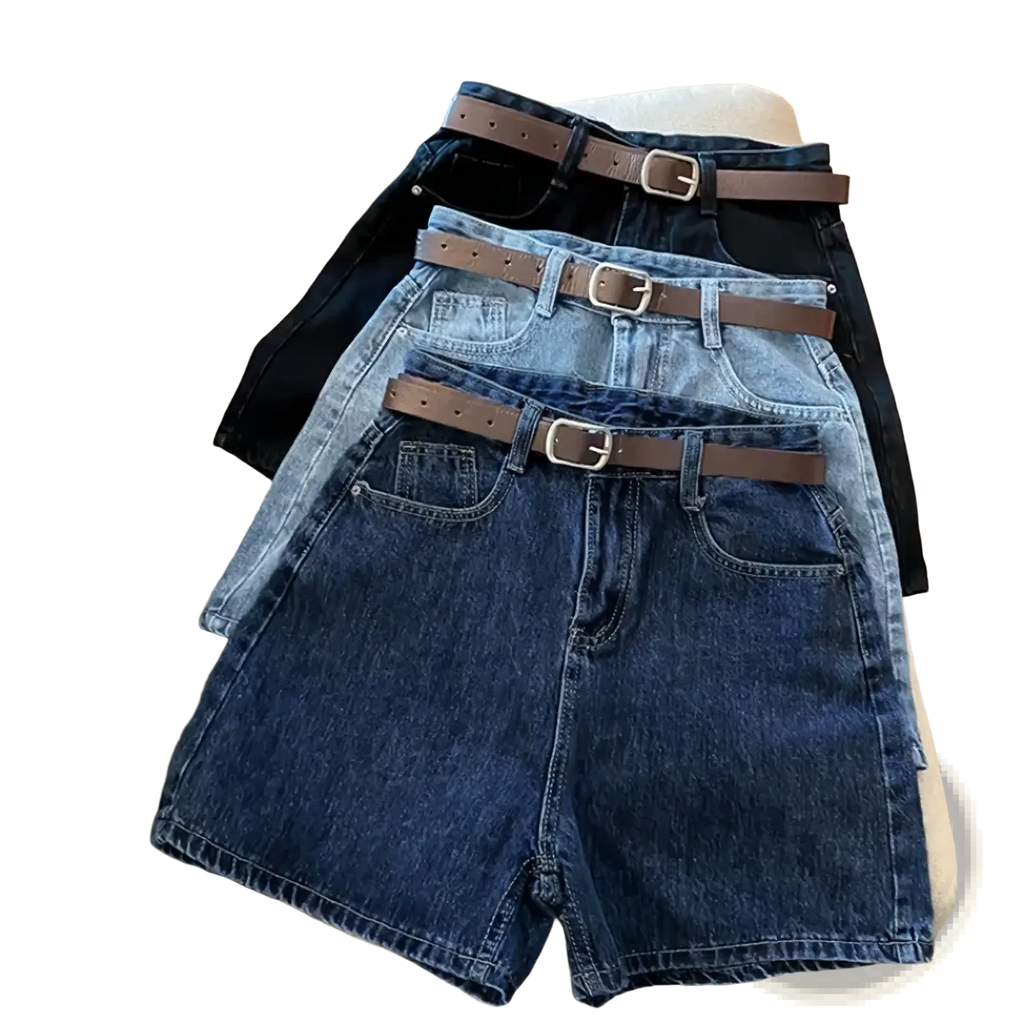 Three pairs of high waist denim shorts in varying blue shades each with a brown leather belt with silver buckle