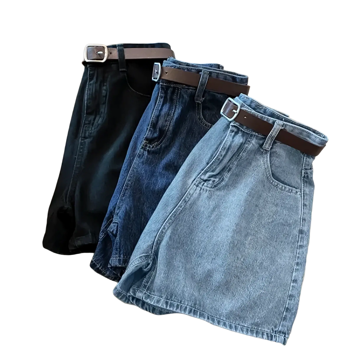 High waist denim shorts in black medium blue and light wash with a brown belt and silver buckle displayed front view