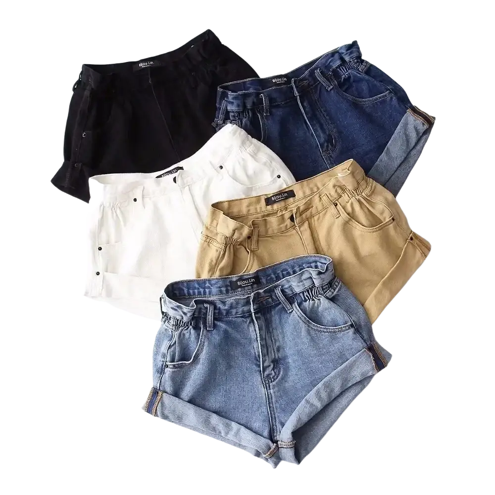 High waist denim shorts for women in black white blue beige and light wash cotton with elastic waistband and rolled cuffs