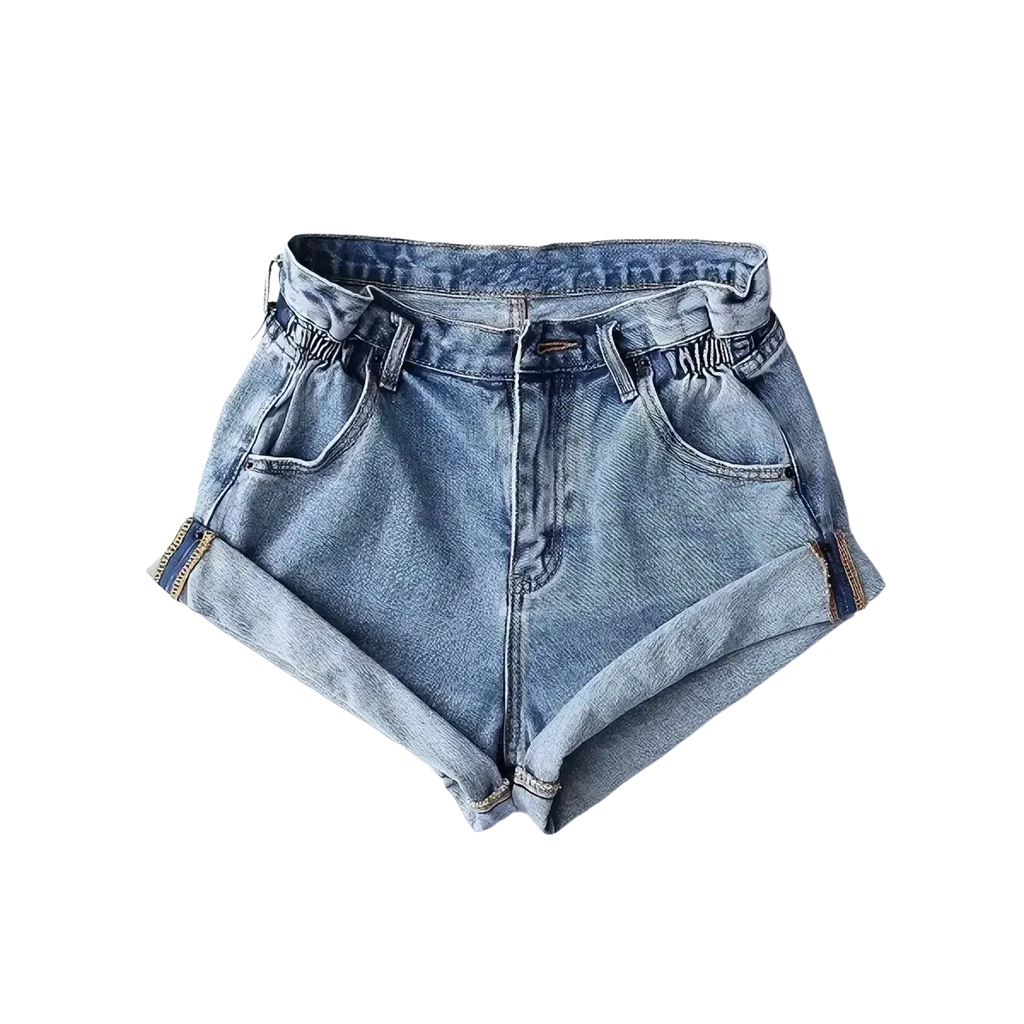 High waist light-wash denim shorts for women with rolled cuffs elastic waistband cotton casual wear tag size included