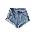 High waist light-wash denim shorts for women with rolled cuffs elastic waistband cotton casual wear tag size included