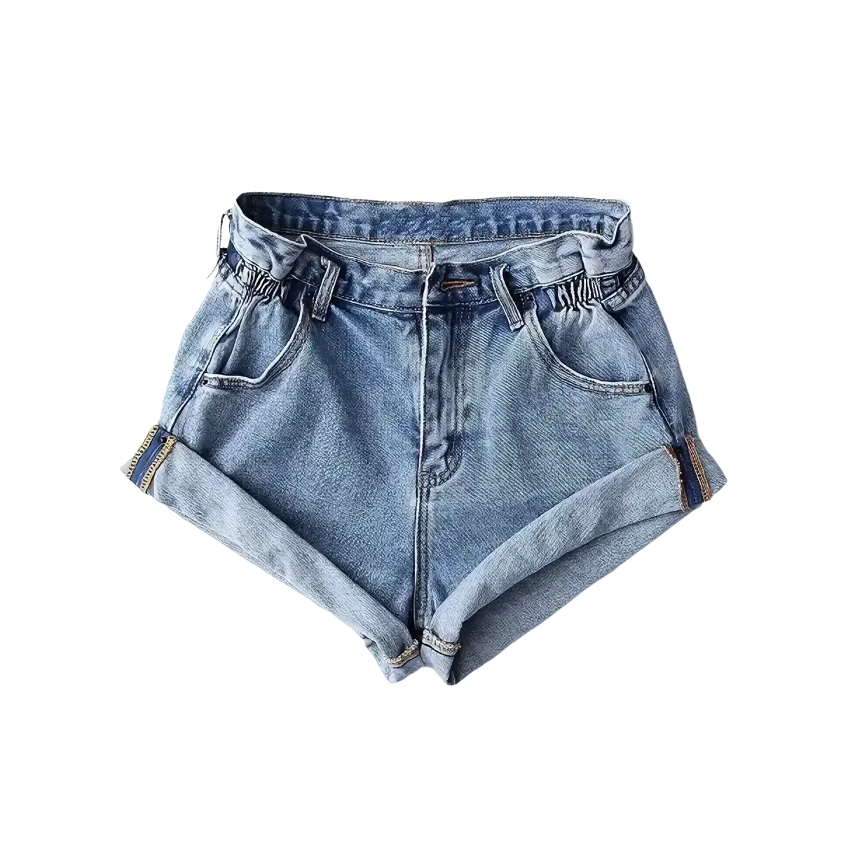 High waist light-wash denim shorts for women with rolled cuffs elastic waistband cotton casual wear tag size included