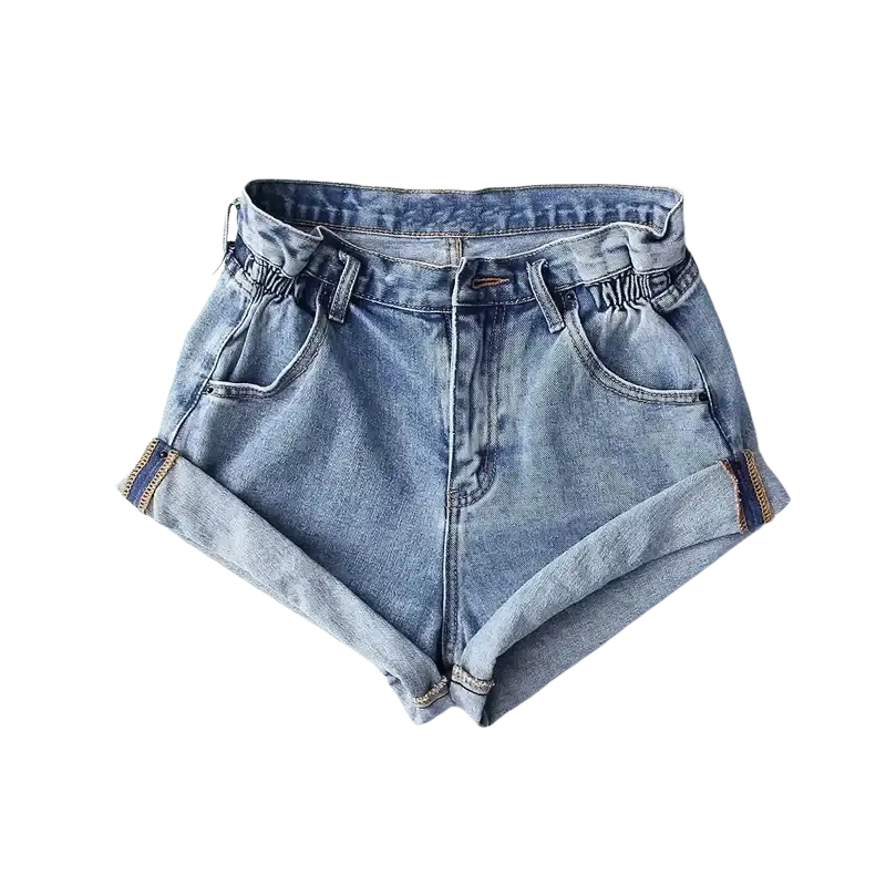 High waist light-wash denim shorts with rolled cuffs elastic waistband cotton casual women tag size available length inch-cm