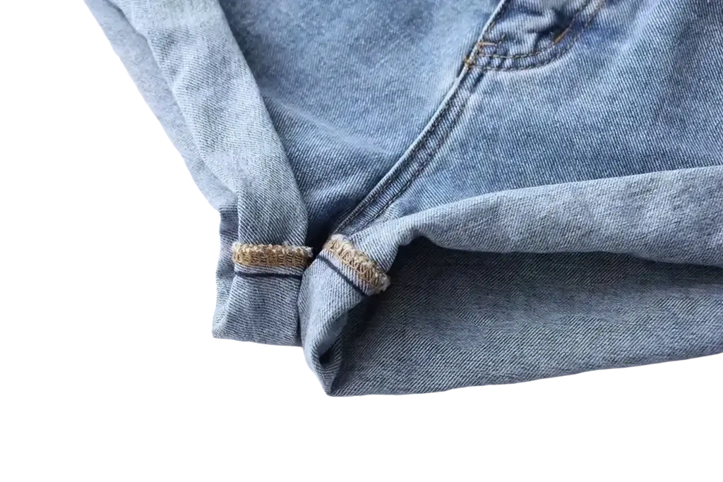 High waist denim shorts in light wash cotton with rolled cuffs and tan stitching available in tag size with length inch-cm details