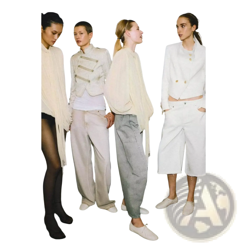 Four models wearing minimalist flowing white and cream outfits showcasing high waist denim shorts polyester slim fit