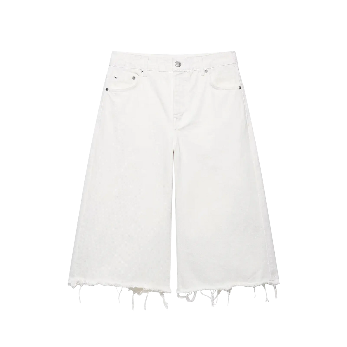 White high waist denim shorts in polyester with slim fit five-pocket design and frayed hem detail