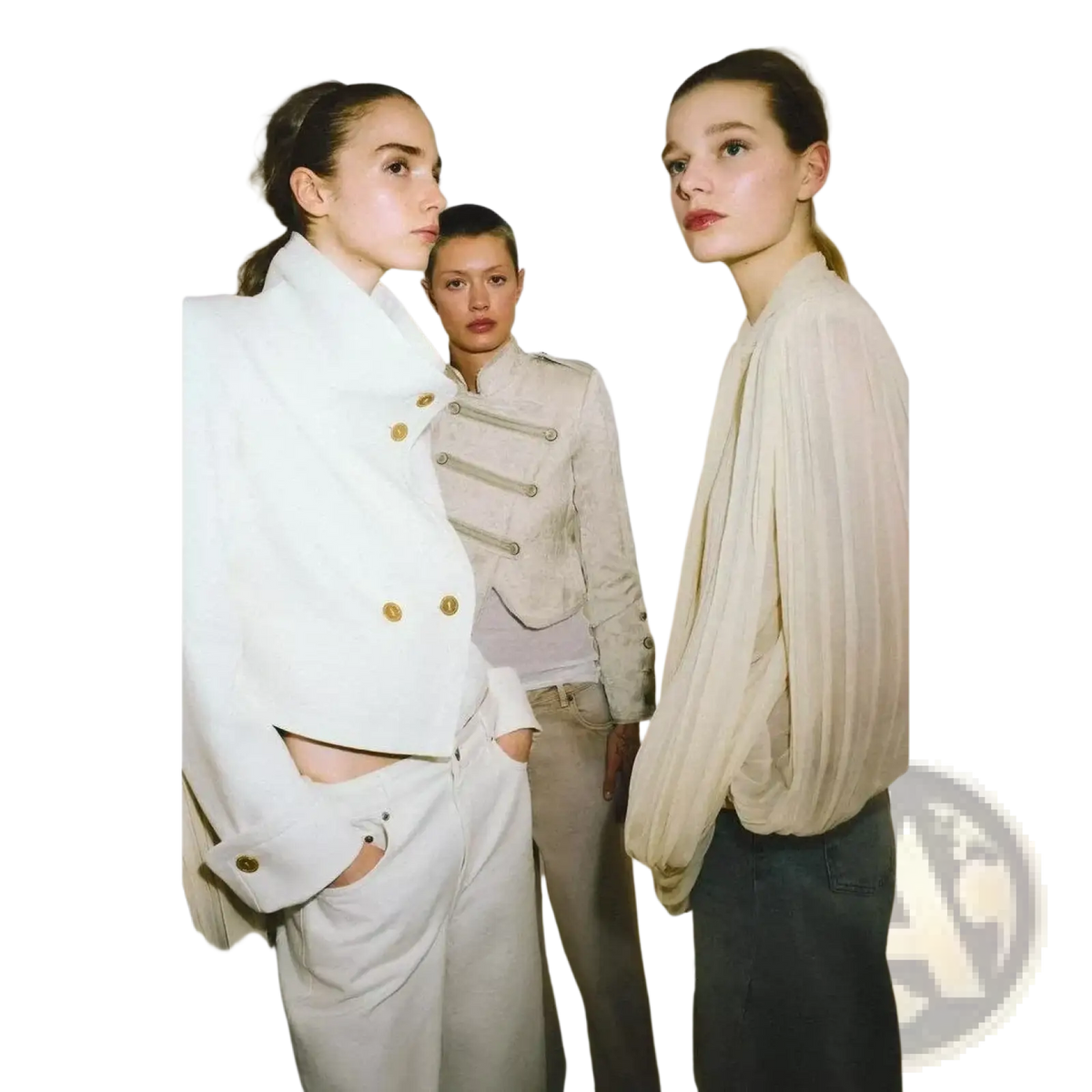 White double-breasted jacket with gold toned buttons and structured collar paired with high waist denim shorts polyester slim fit