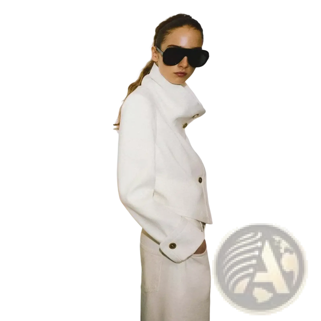 White double-breasted coat with gold-toned buttons high collar paired with high waist denim shorts polyester slim fit