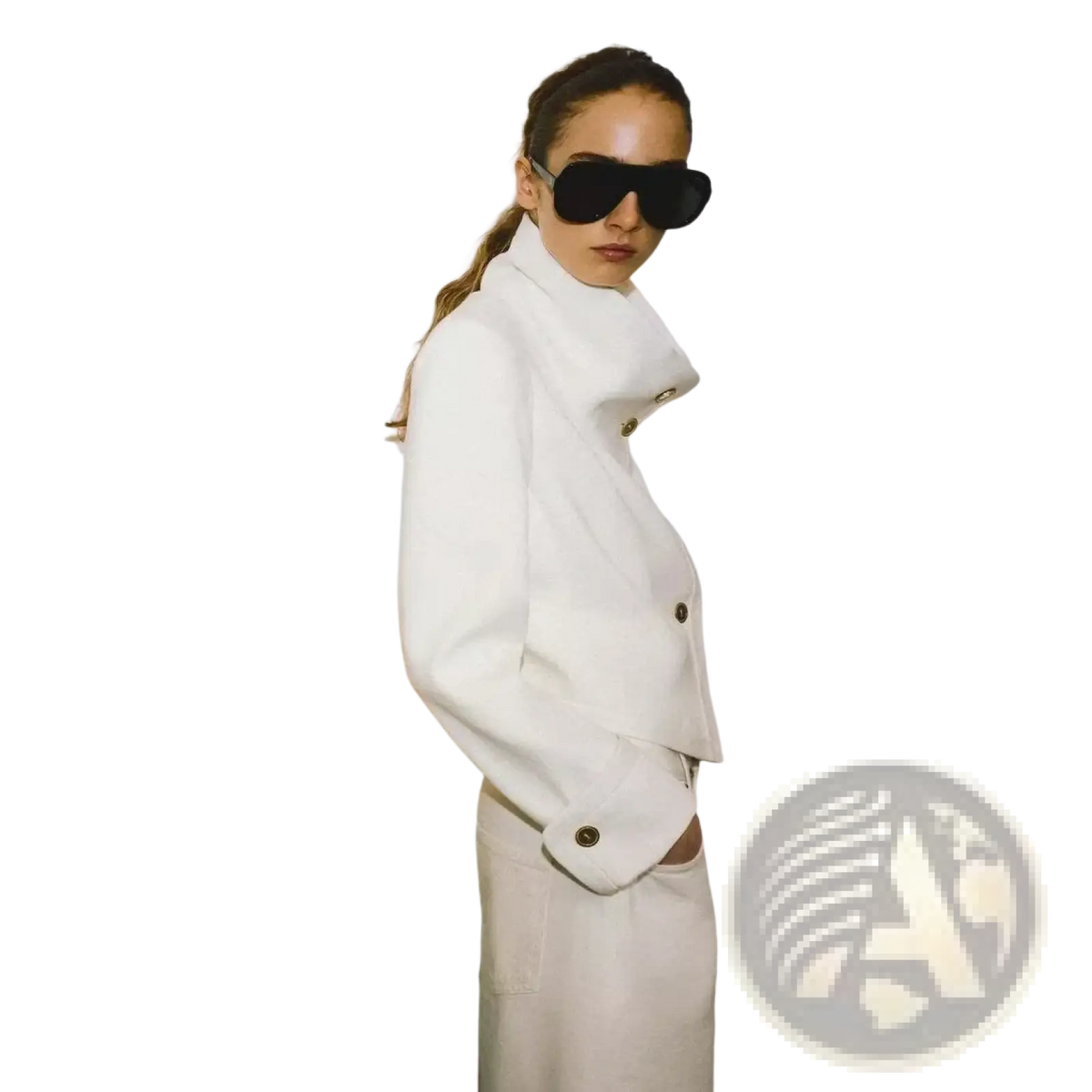 White double-breasted coat with gold-toned buttons high collar paired with high waist denim shorts polyester slim fit
