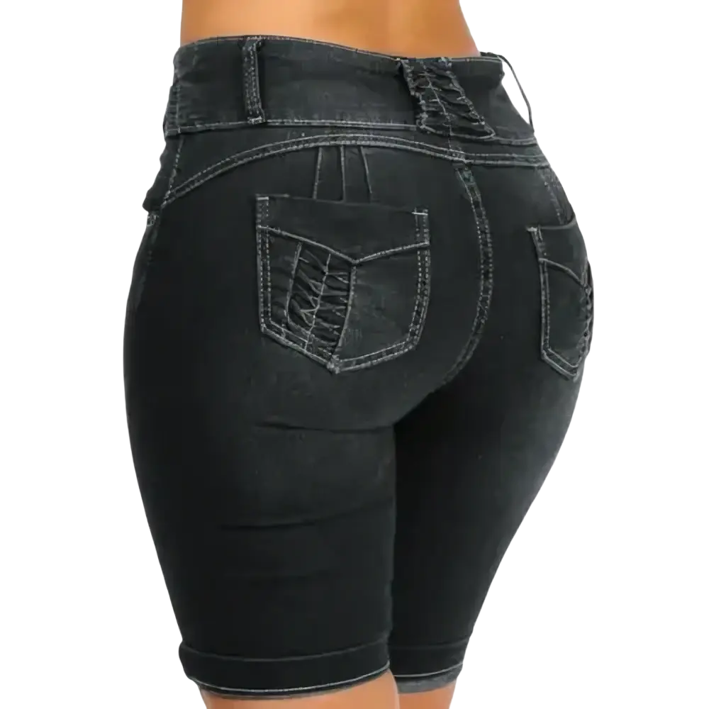 Black high waist denim shorts with slim fit and rolled cuffs made of denim for summer casual wear