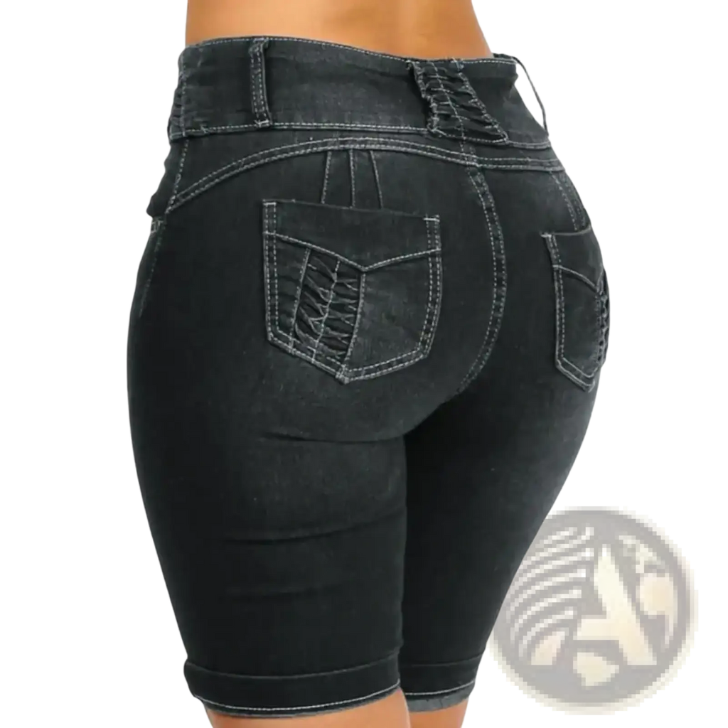 Black high waist denim shorts with lace up back pockets and contrasting white stitching shown from the back side