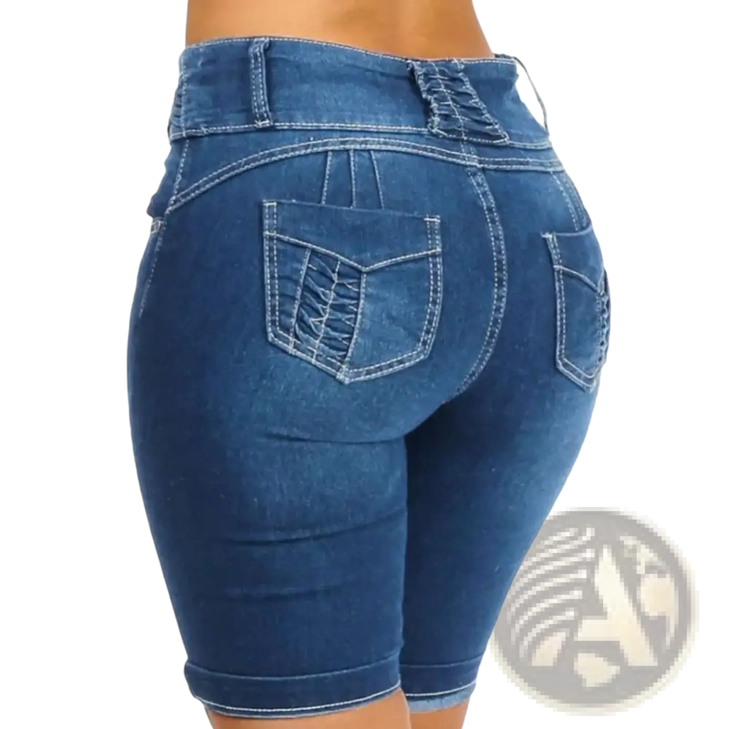 High waist blue denim shorts with slim fit and lace-up back detail perfect for summer wear shown from back side