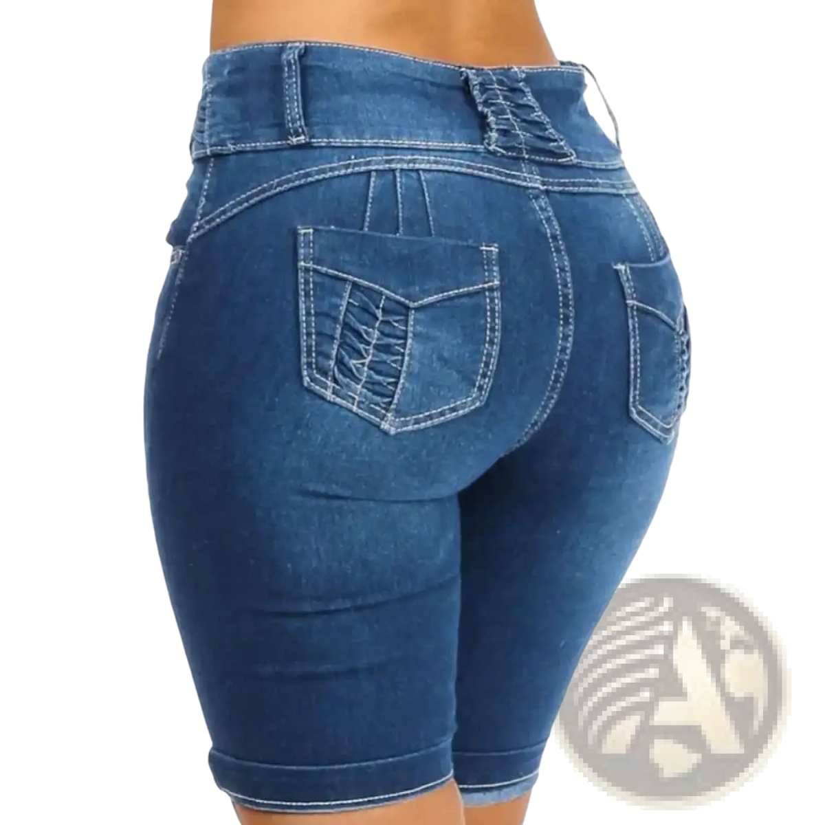 High waist blue denim shorts with slim fit and lace-up back detail perfect for summer wear shown from back side